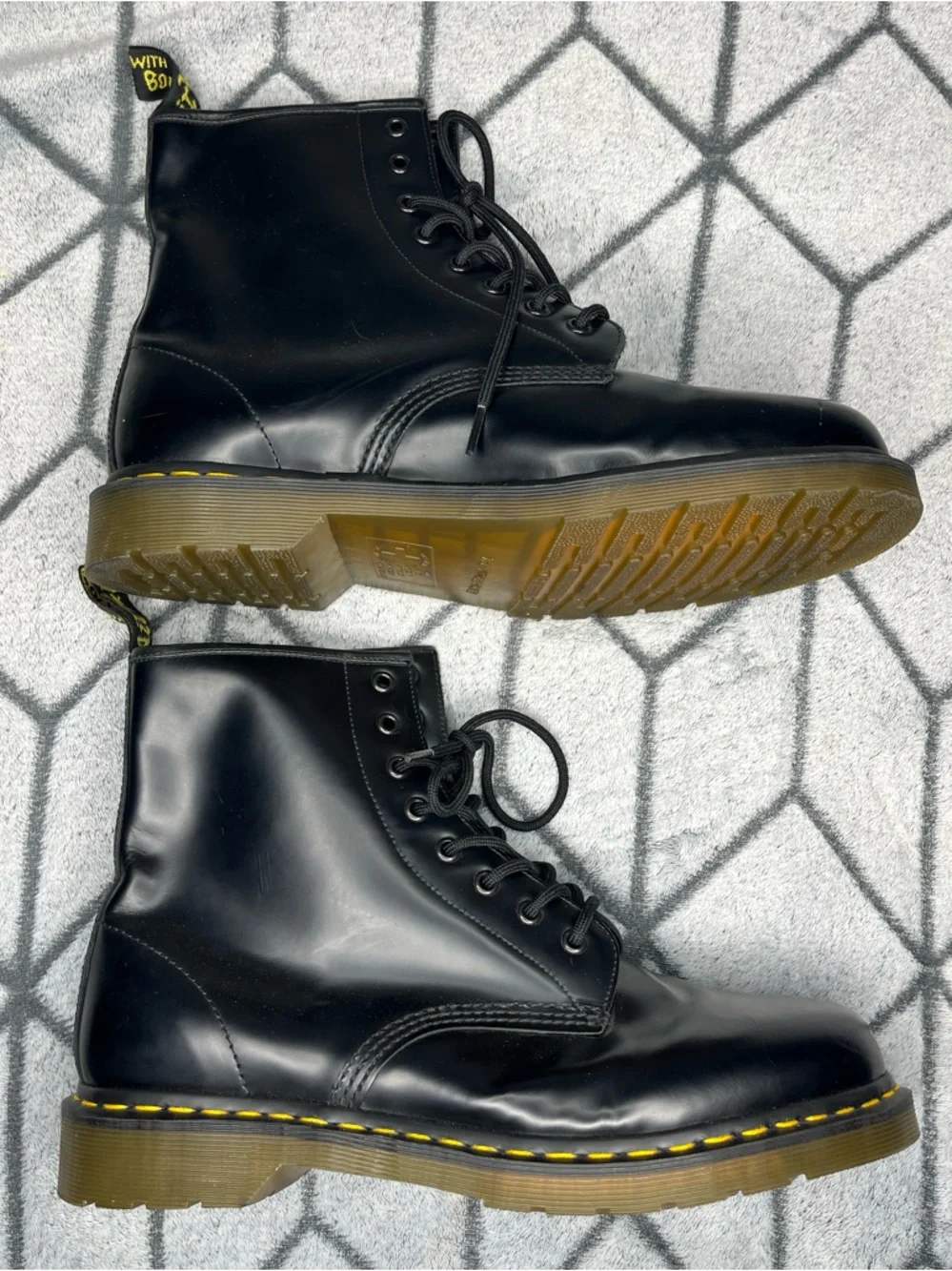 Dr. Martens Black Smooth Leather Lace Up 8-Eye Boots w Yellow Stitching